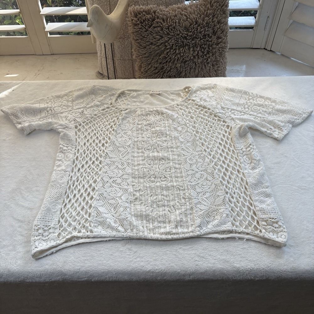 Anthropologie Meadow‎ Rue Ivory Lace Mesh Geometric Embroidered Boho Top Size XL